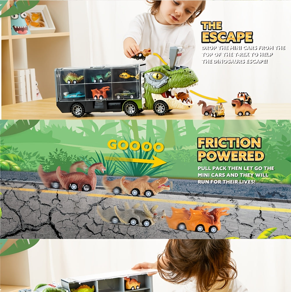 Dinosaur Truck Toy Set 13-in-1 for Kids – Transport Carrier with Sound & Lights, 12 Pull-Back Dino Cars & Helicopter, Birthday Gift for Boys Ages 3 4 5