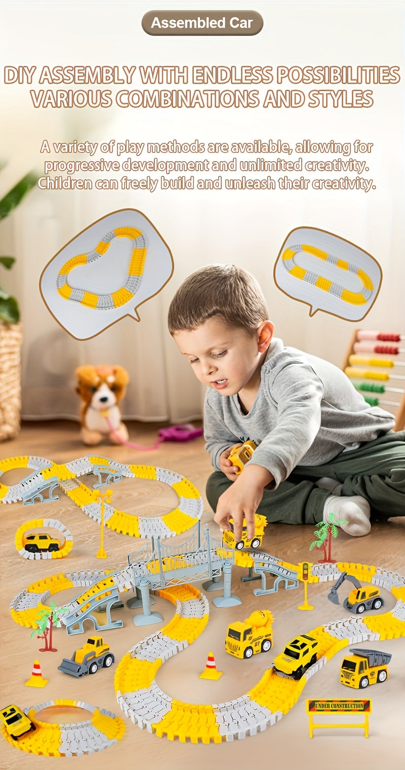 Kids Electric Track Car Toy Set Engineering Race Track with Elevated Bridge Tunnel Roller Coaster Scene Building Assembly – Birthday Gift Boys Girls Ages 3-8