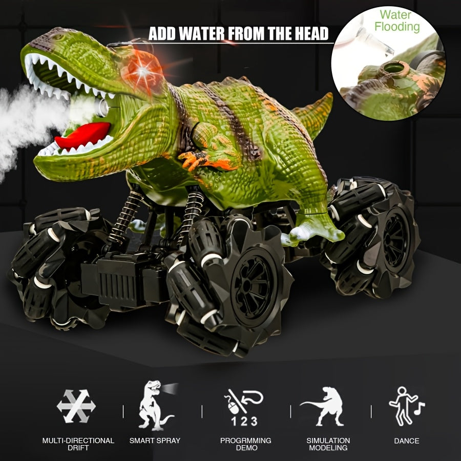 4WD Dinosaur Monster Truck RC Car with LED Lights Music & Ergonomic Handle - 2.4GHz All-Terrain Off-Road Remote Control Stunt Car Large Tires for Kids Boys Girls Birthday Gift