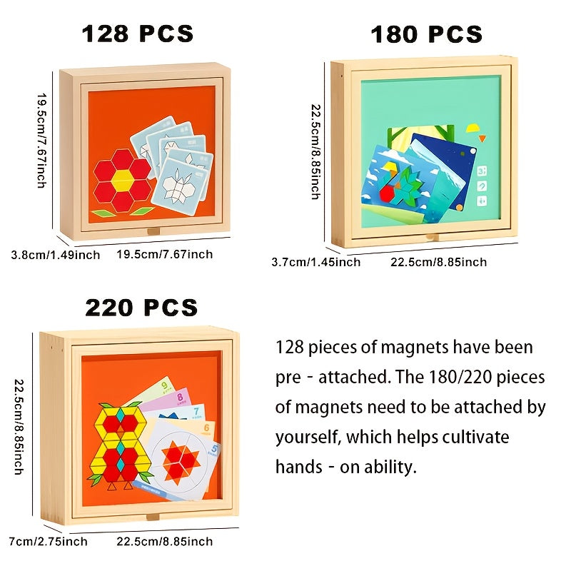 Geometric Shape Magnetic Wooden Puzzle 128-220pcs Educational Cognitive Learning Toy for Toddlers Kids Preschool Montessori STEM Birthday Gift