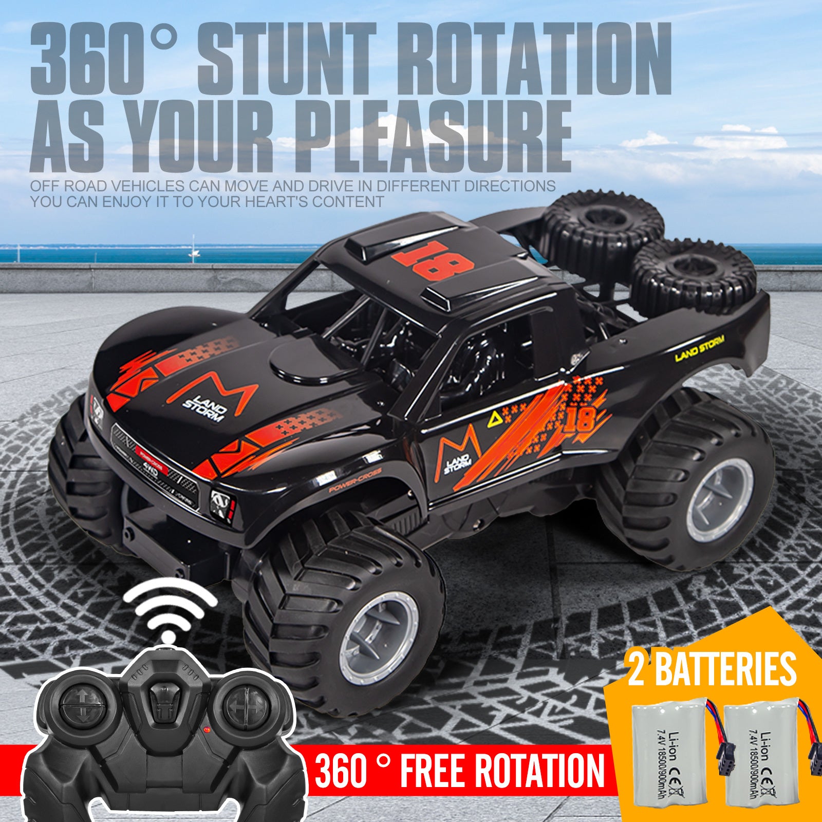 Amphibious RC Monster Truck 1:16 Scale 4WD Waterproof - 2 Rechargeable Batteries, All Terrain Off-Road RC Car for Kids Boys Ages 4-7, Birthday Gift