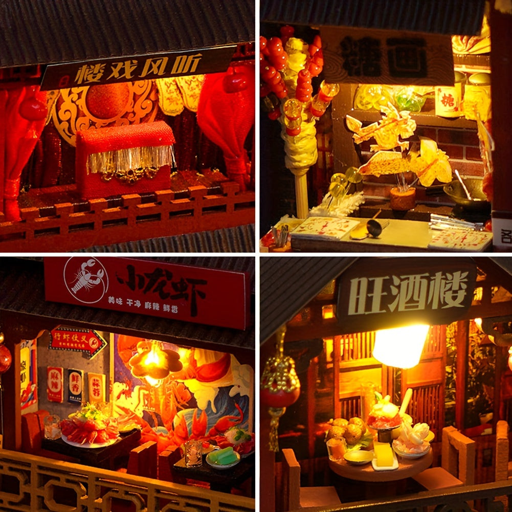 Book Nook Kit DIY Miniature Chinese Food Street – 3D Wooden Puzzle Bookshelf Insert Dollhouse Home Decor Gift for Teens Adults Birthday Christmas No Glue No Battery
