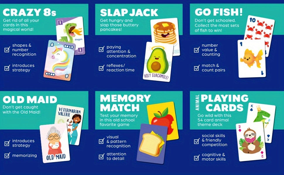 6-in-1 Kids Card Games Set Go Fish Old Maid Crazy Eights Memory Match Slap Jack Animal Cards 6 Decks Family Game Night Ages 4+ Birthday Gift