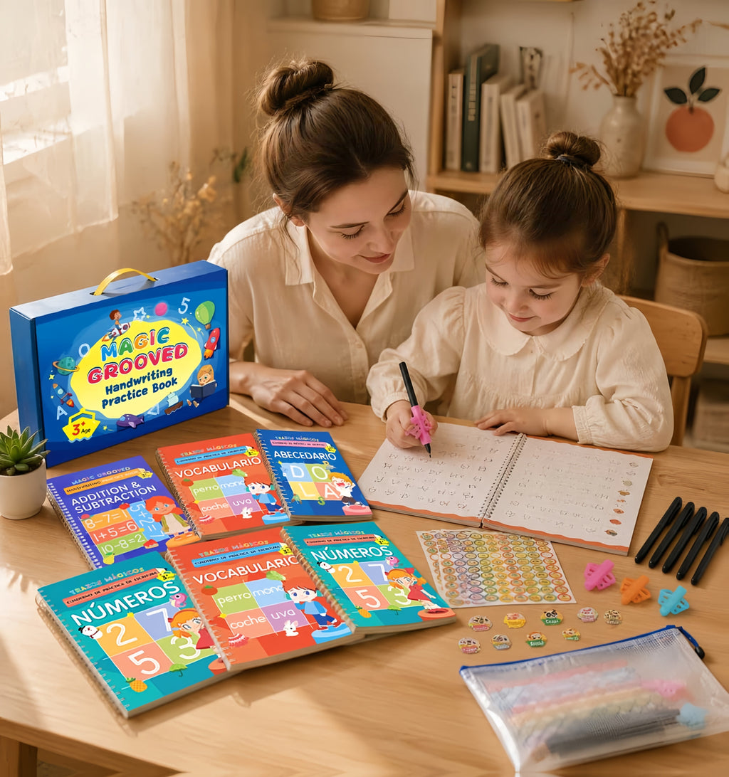 Reusable Magic Grooved Handwriting Workbook Set for Kids Ages 3-8 – 7-in-1 Writing Practice Books with Letters, Numbers, Math & Drawing, 500+ Rewrites, Preschool Learning Gift