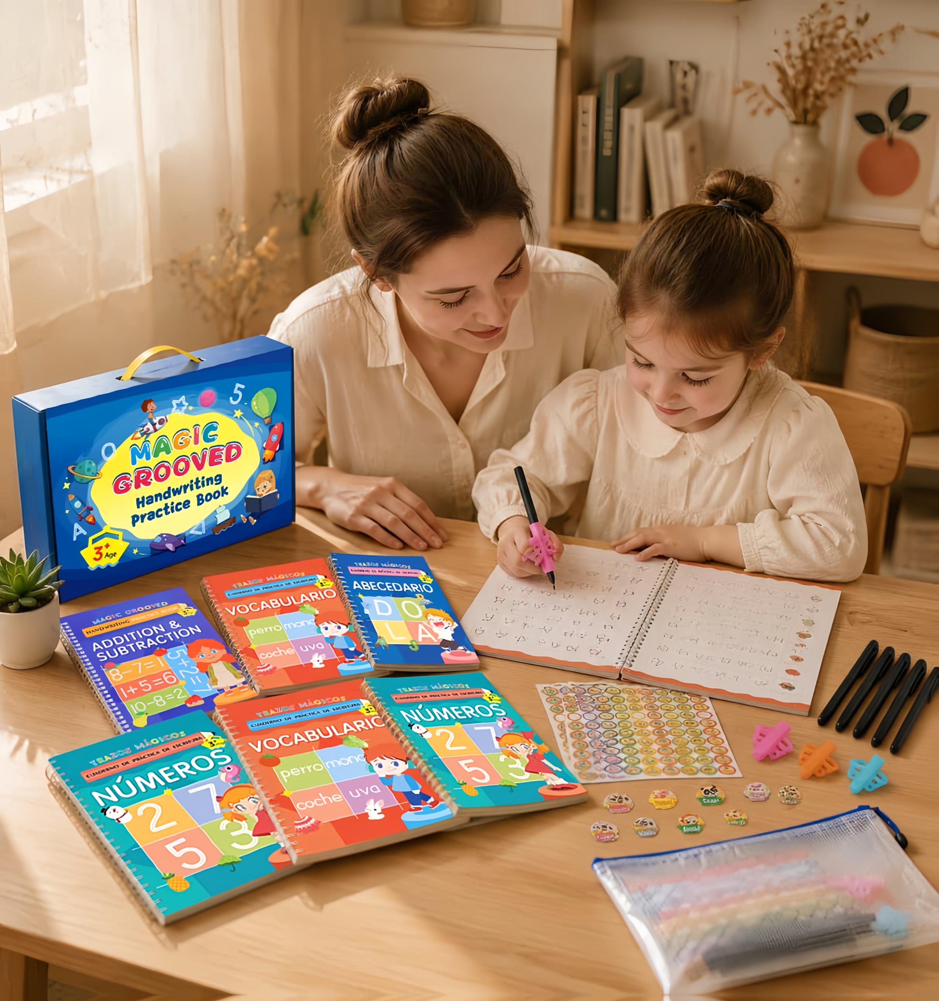 Reusable Magic Grooved Handwriting Workbook Set for Kids Ages 3-8 – 7-in-1 Writing Practice Books with Letters, Numbers, Math & Drawing, 500+ Rewrites, Preschool Learning Gift