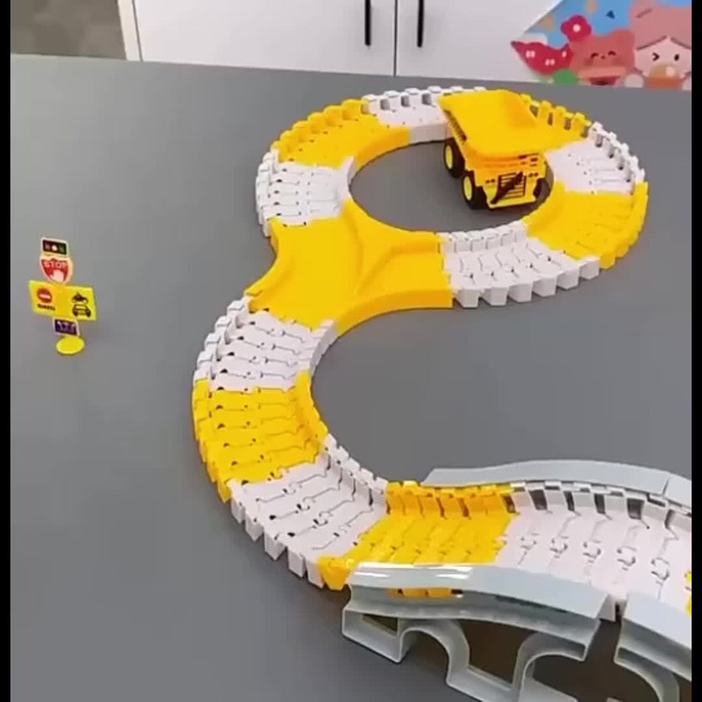 Kids Electric Track Car Toy Set Engineering Race Track with Elevated Bridge Tunnel Roller Coaster Scene Building Assembly – Birthday Gift Boys Girls Ages 3-8