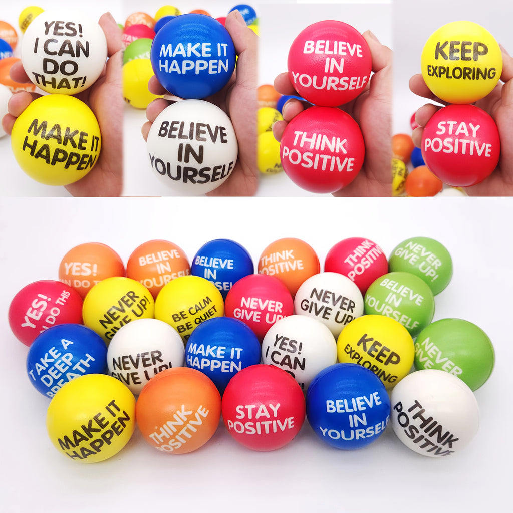 Stress Relief Squeeze Balls 30 Pack 2.48 Inch Inspirational Slogan Sponge Foam – Bulk Hand Fitness Balls for Classroom Rewards, Office Team Building & Party Favors