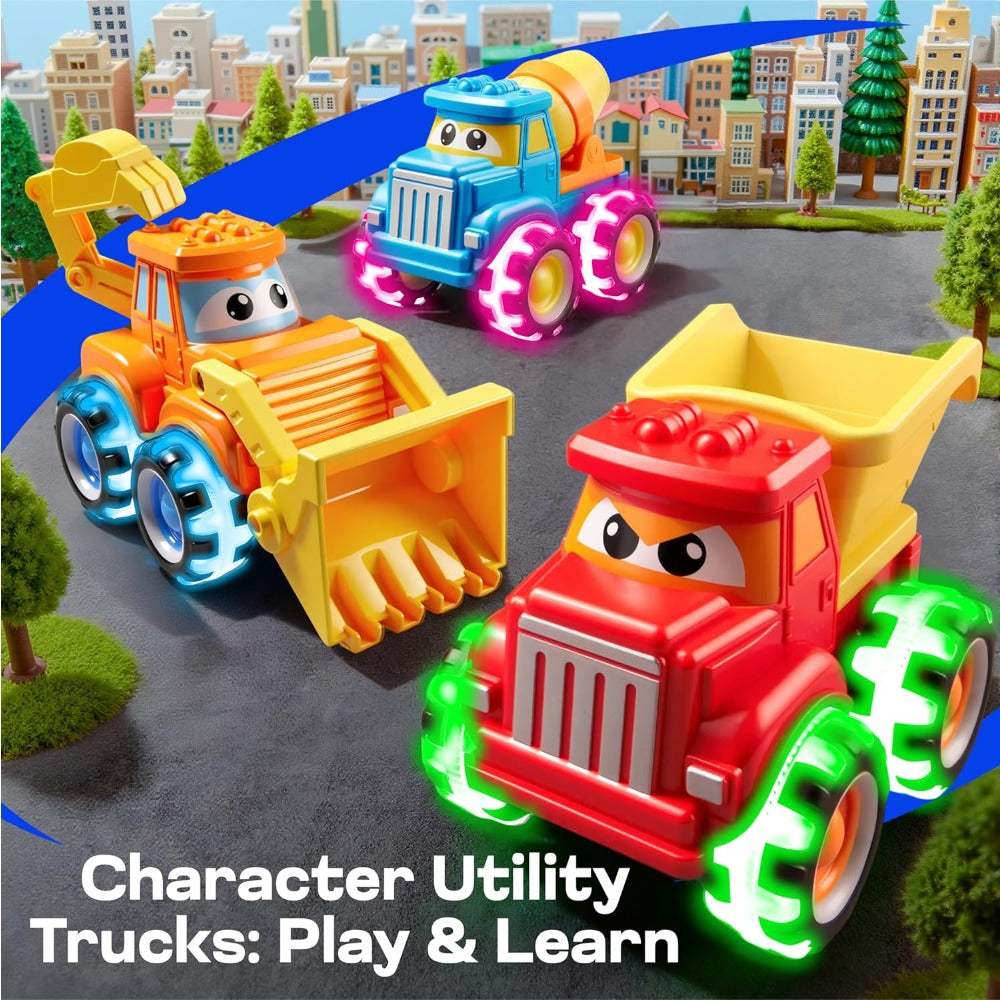 Monster Truck Toys for Toddlers 3 Pack with LED Light Up Wheels – Friction Powered Construction Cars Bulldozer Dump Truck Concrete Mixer
