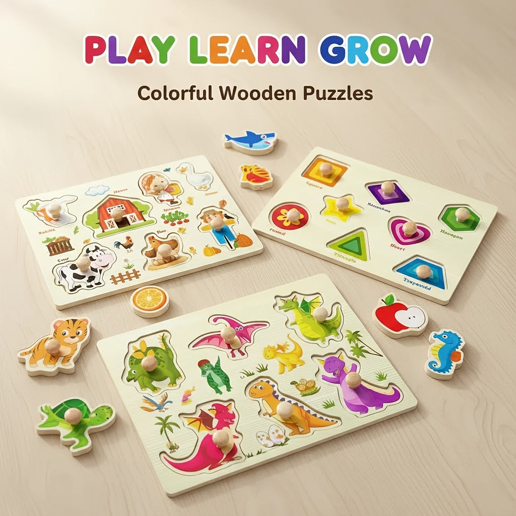 Wooden Jigsaw Puzzles for Toddlers Preschoolers Farm Animal Dinosaur Fruit Shape Number Educational STEM Toy Boys Girls Ages 2-5