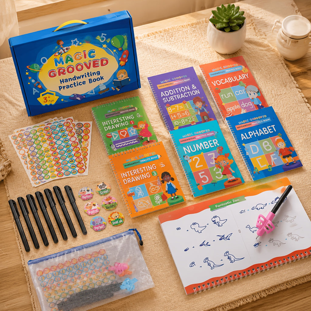 Reusable Magic Grooved Handwriting Workbook Set for Kids Ages 3-8 – 7-in-1 Writing Practice Books with Letters, Numbers, Math & Drawing, 500+ Rewrites, Preschool Learning Gift