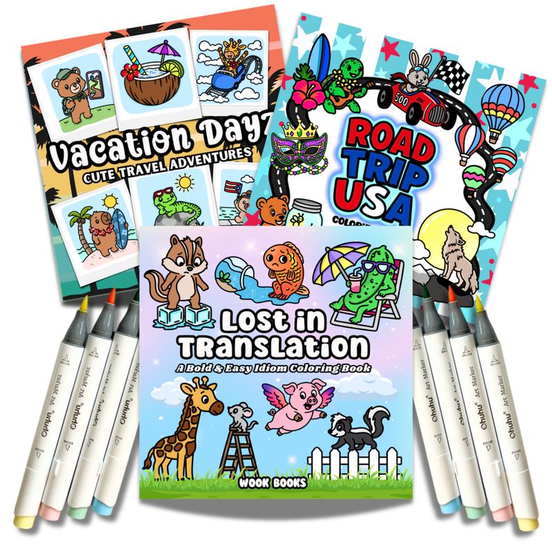 Coloring Book and Marker Bundle by Wook Books, 3 Bold and Easy Books with 8 Mystery Ohuhu Brush-Tip Alcohol Markers, Protective Sheet and Sticker Gifts