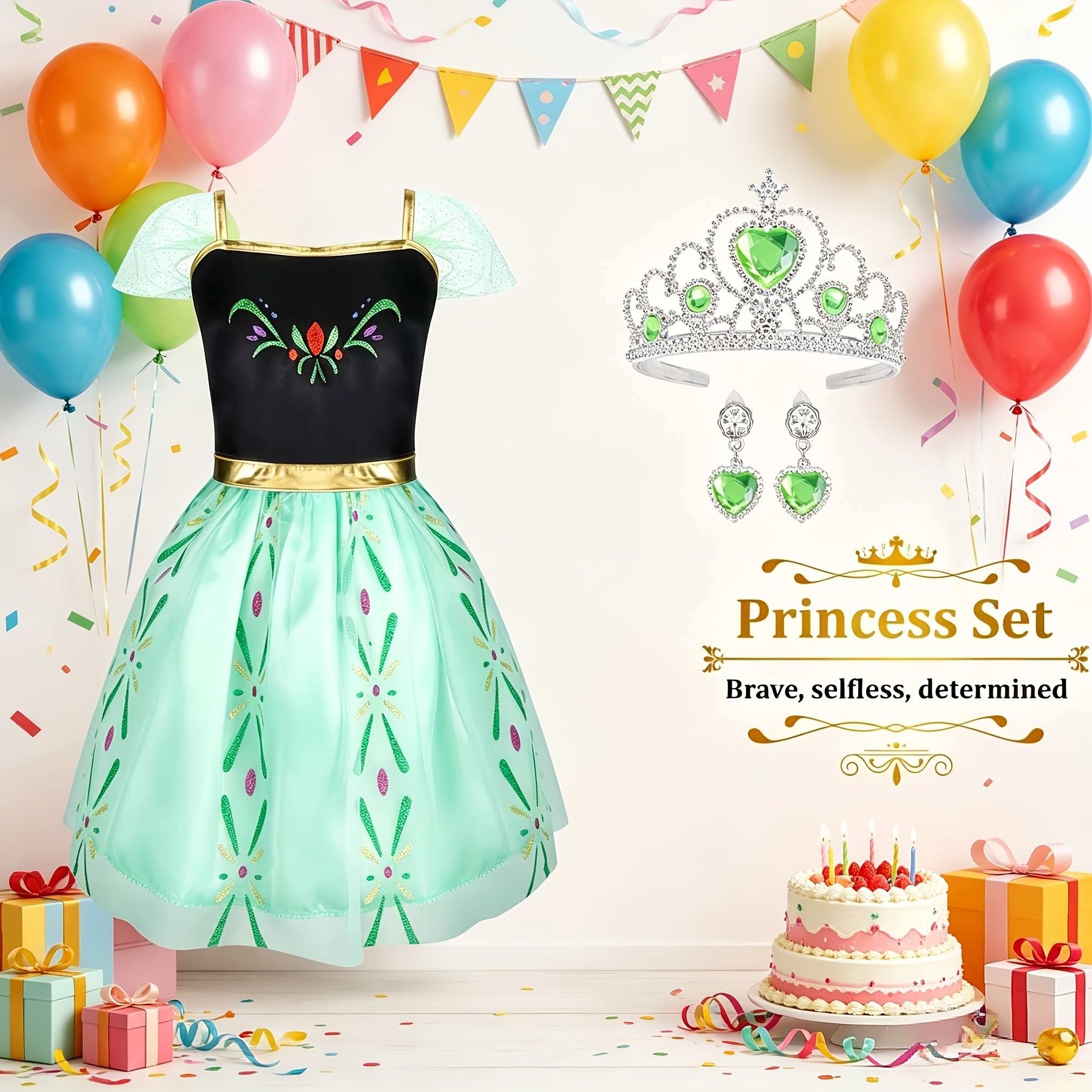 Princess Dress Up Costume Set for Girls 14-Piece, 5 Outfits with Crowns Earrings & Storage Box, Birthday Halloween Gift for Girls Ages 3-6