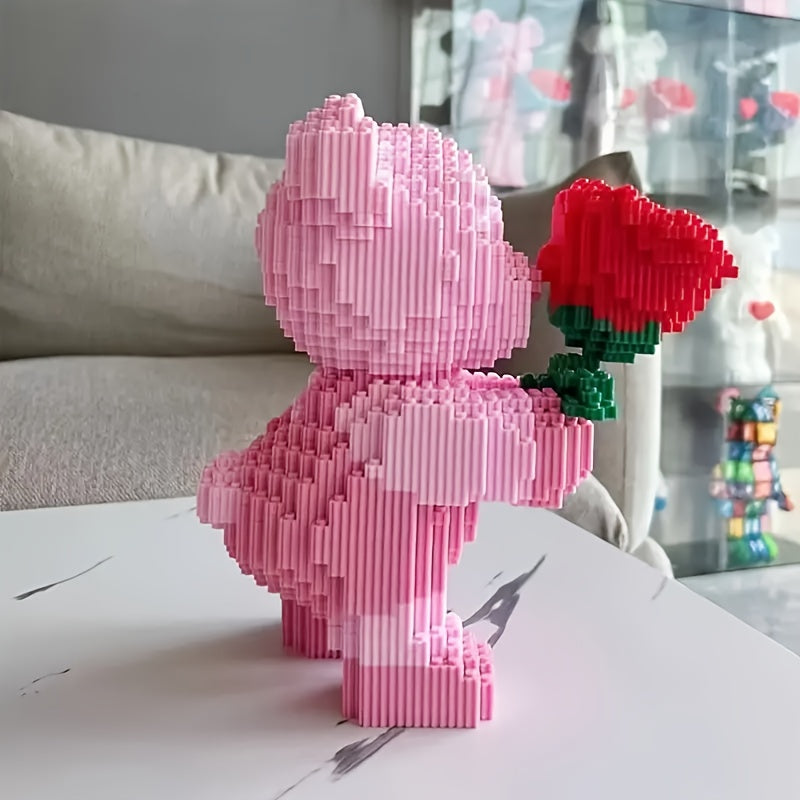 Rose Bear Building Blocks 4051pcs Romantic Bear Holding Rose DIY Model Kit - Advanced Assembly Gift for Couples Parents - Valentine Birthday Anniversary Christmas Gift