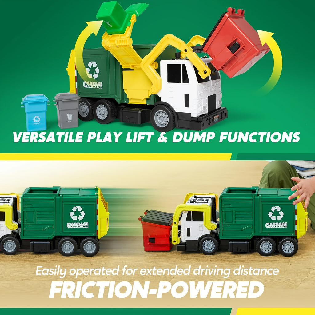 Garbage Truck Toy with Lights & Sounds – 16" Large Friction Powered Truck, Dumpster & Trash Bins, Garbage Sorting Learning Cards, Front-Load Dump Action, Birthday Gift for Kids Ages 3+