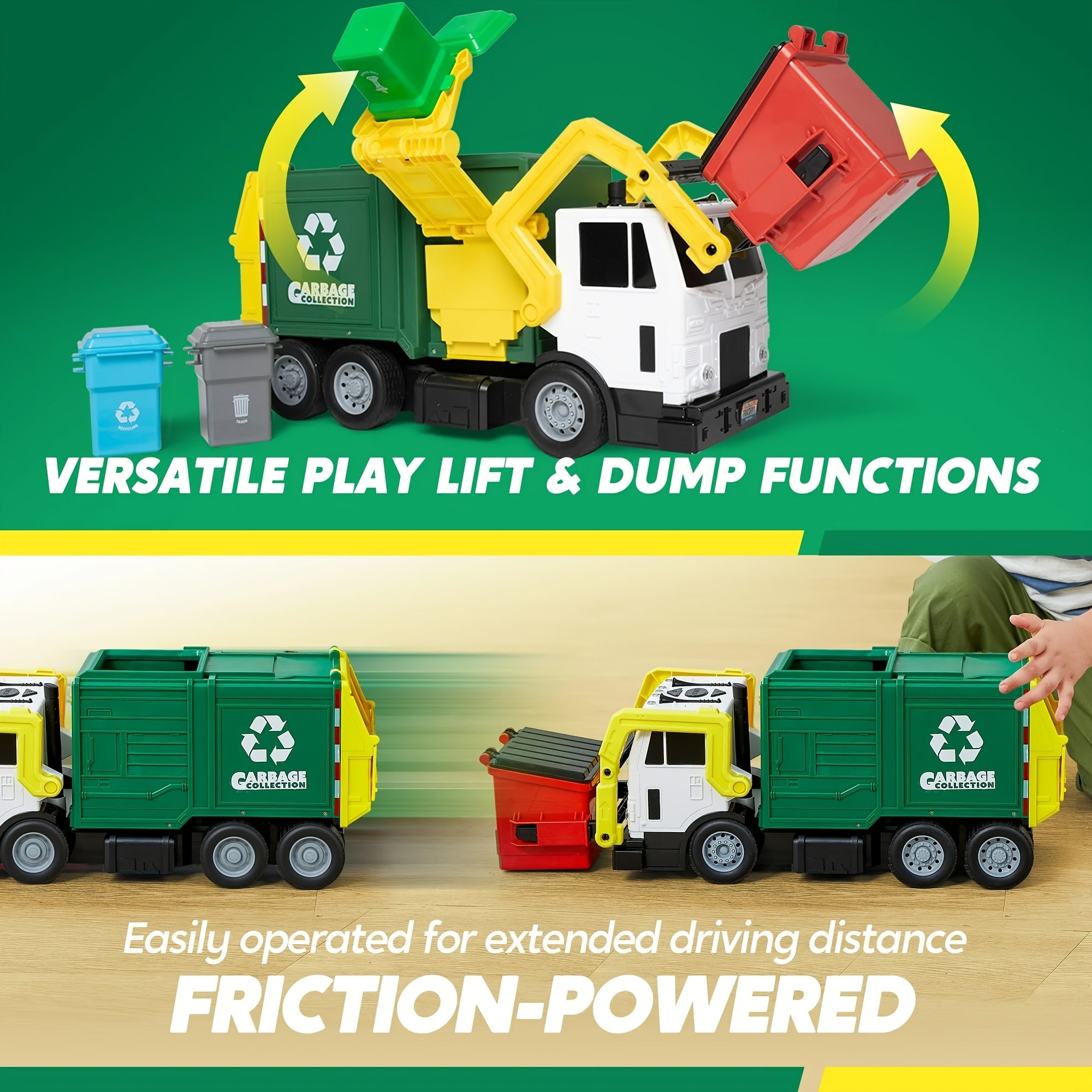 Garbage Truck Toy with Lights & Sounds – 16" Large Friction Powered Truck, Dumpster & Trash Bins, Garbage Sorting Learning Cards, Front-Load Dump Action, Birthday Gift for Kids Ages 3+