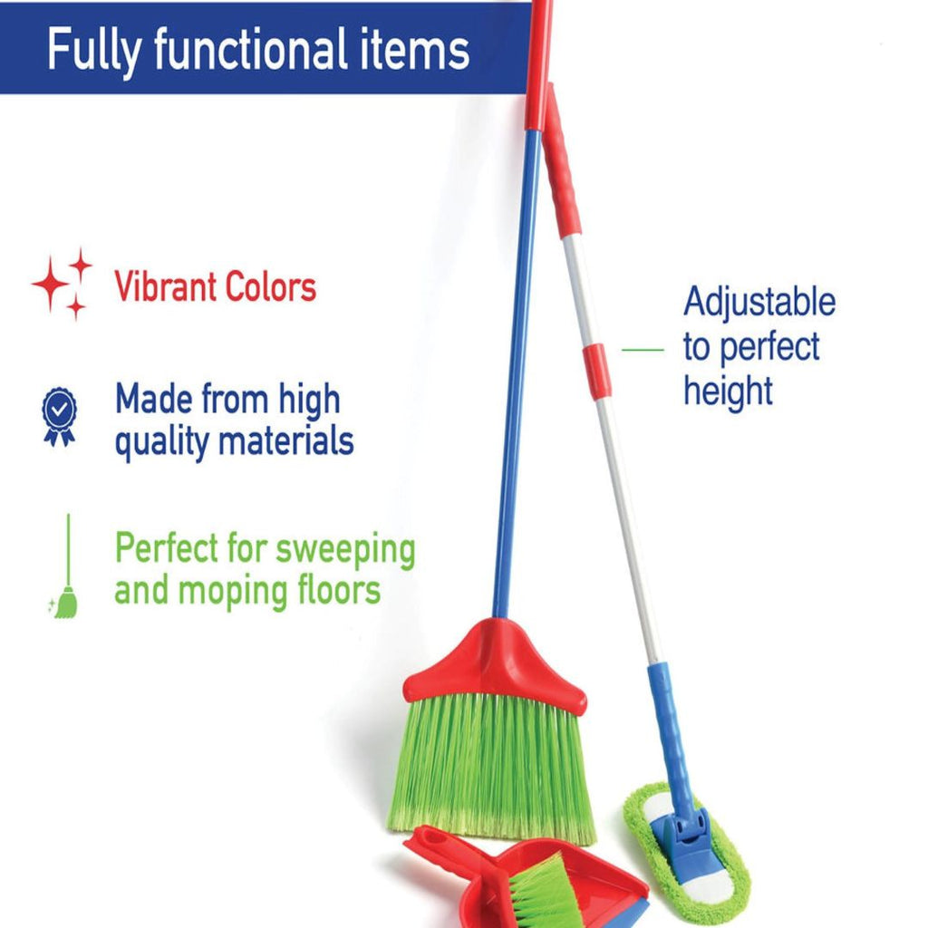 Kids Cleaning Set 4 Piece Toy Broom Mop Brush Dustpan Pretend Play Housekeeping Kit Toddler Girls Boys Birthday Christmas Gift Life Skills Toy