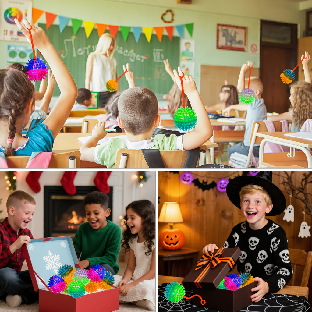 LED Light Up Inflatable Balls 28 Pcs Glow in the Dark - Spiky Sensory Balls on Rope, Party Favors for Kids Teens Adults, Carnival Decorations, Birthday Party Gift