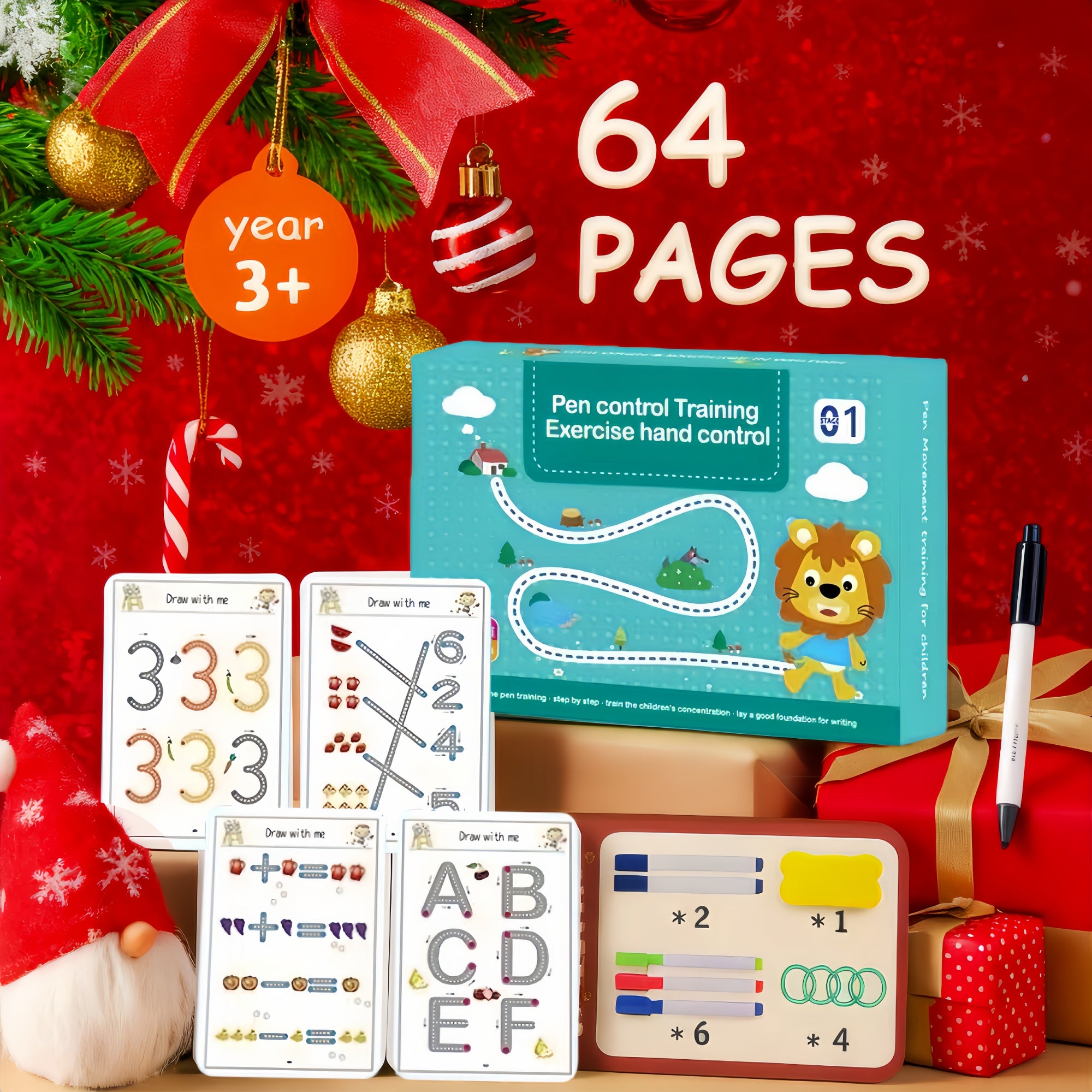 Magic Handwriting & Drawing Practice Book Set 64 Pages with 8 Erasable Pens & Refills – Pen Control Workbook for Kids Ages 3-8 Early Learning