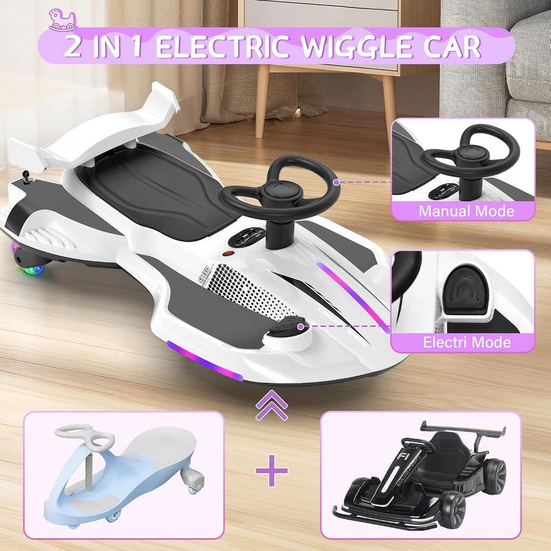 Electric Wiggle Car with Bluetooth & Mist, Akeleo 12V 2-in-1 Pedal Ride-On Toy for Kids Ages 3+, Light-Up Wheels and 360° Steering