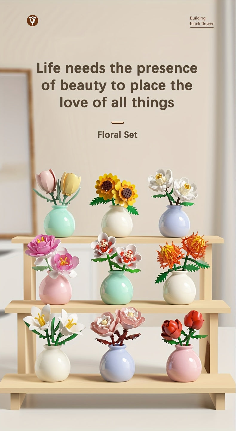 Flower Bouquet Mini Building Blocks 120pcs DIY Set - Eternal Green Plant Desk Decoration, Stress Relief Creative Toy, Easter Birthday Gift for Kids
