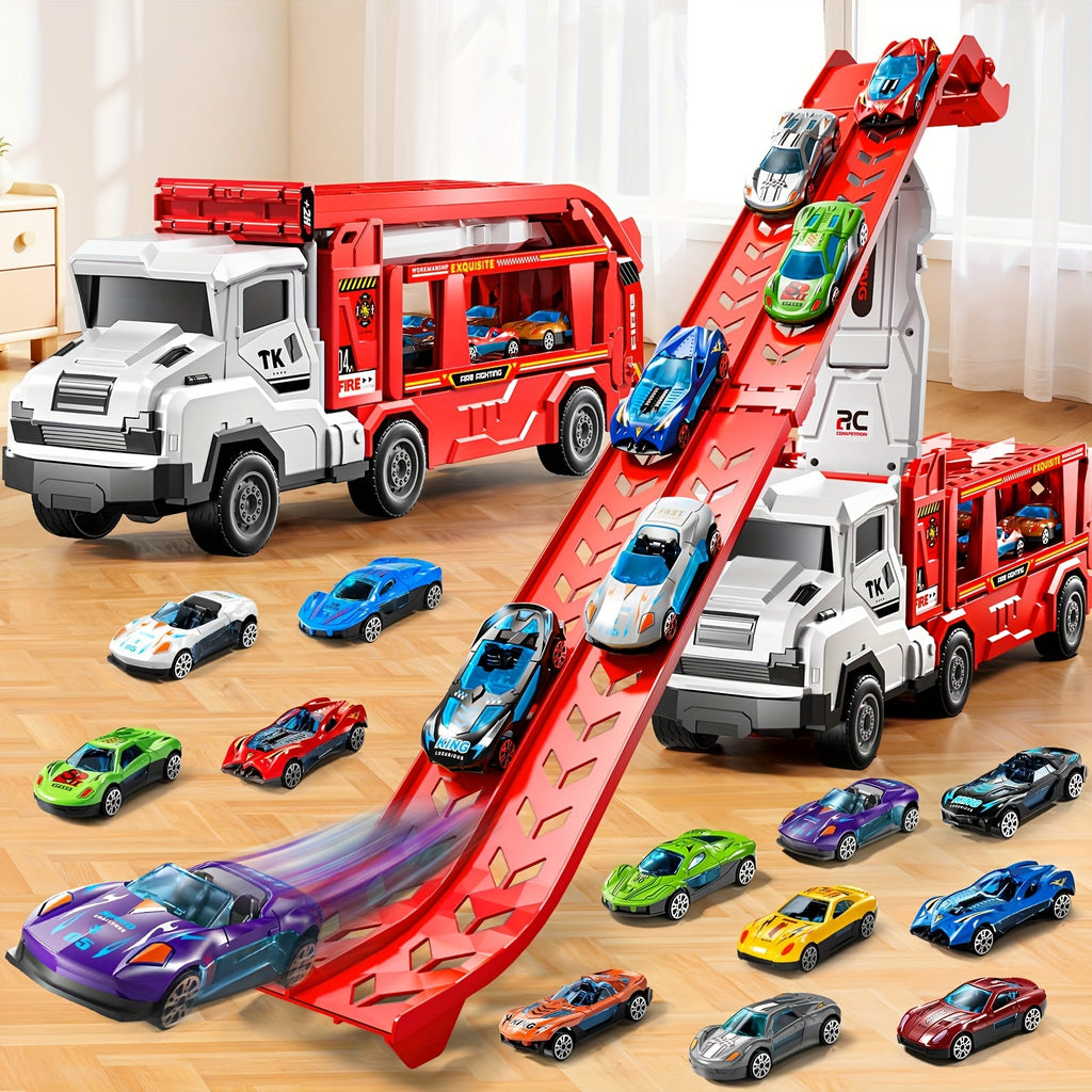 3-in-1 Kids Carrier Truck Toy with Car Tracks, 12 Racing Cars, Foldable Race Track & Garage – Toddler Birthday Gift for Boys Girls Ages 3+, Red
