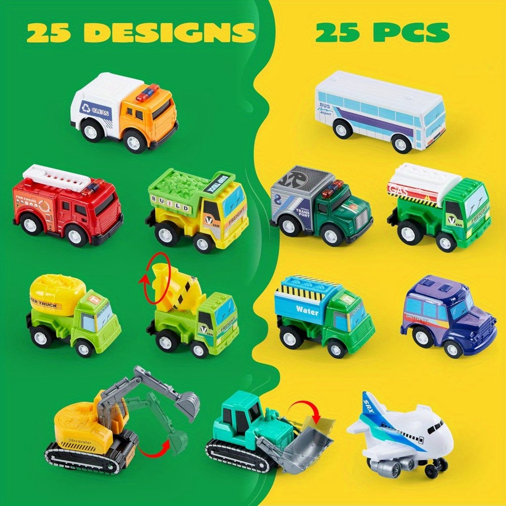 25-Piece Pull Back Cars and Trucks Toy Set for Kids – Die-Cast Vehicle Playset with Fire Truck, Police Car & School Bus, Party Favors, Easter & Christmas Gift for Boys and Girls