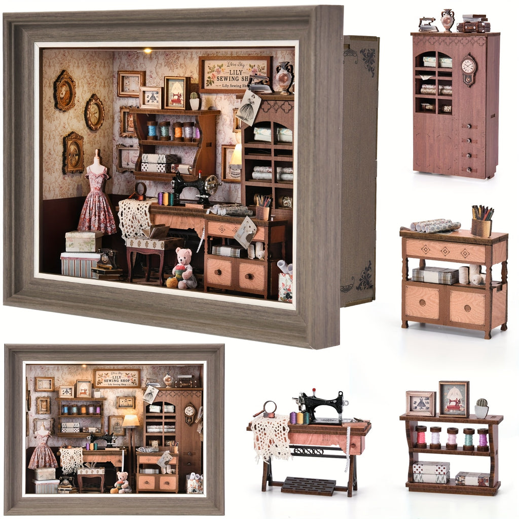 Book Nook Kit Sewing House 3D Wooden Puzzle Bookshelf Insert with LED – Miniature Model Building Kit, Cool Room Decor & Birthday Gift for Adults & Teens (Fireplace or Dwarf Style)