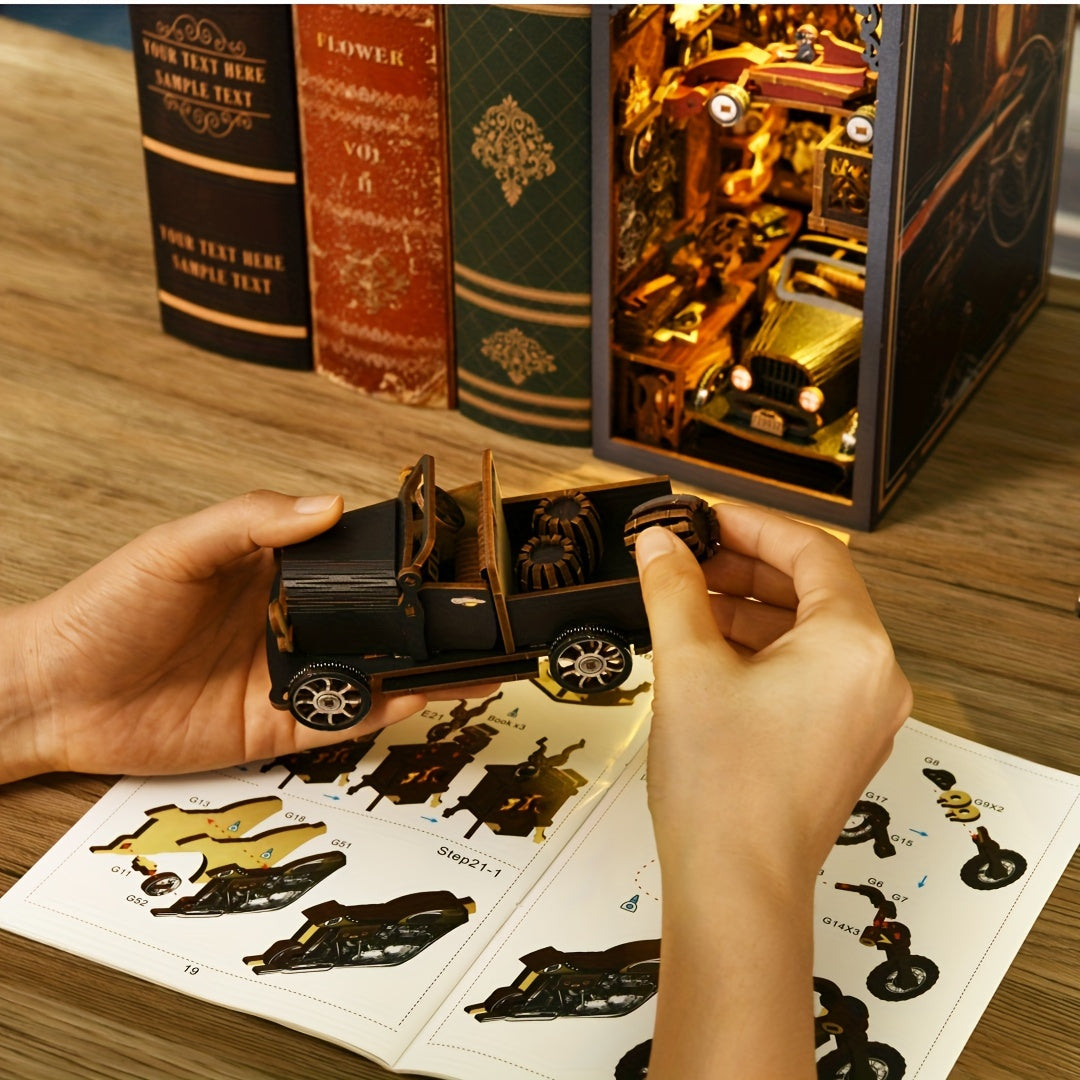 DIY Book Nook Miniature Kit with LED – Car Players 3D Wooden Puzzle Bookshelf Insert Decor Vintage Alley Bookend Model Building Set Birthday Gift Home Room Decor