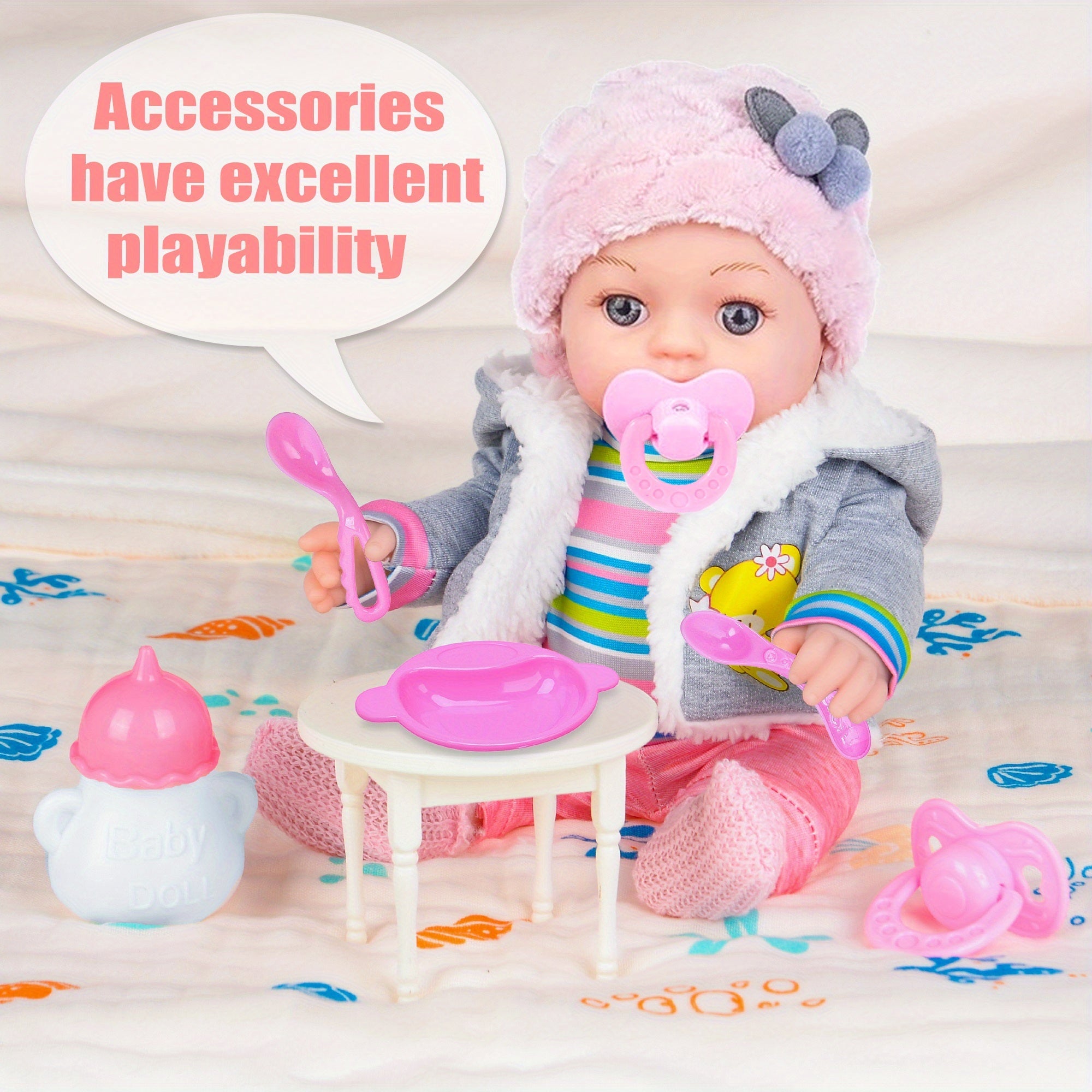 12 Inch Baby Doll Complete Playset with Clothes & Accessories – Hat, Coat, Romper, Socks, Tableware, Bottle & Pacifier Included, Soft Safe Nurturing Play Gift for Kids Ages 3+, 30cm