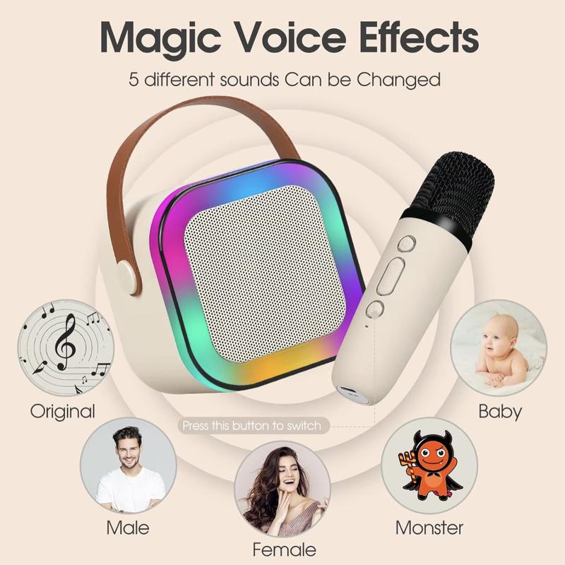 Portable Karaoke Machine with 2 Wireless Microphones, Bluetooth LED Speaker with 5 Voice Effects and USB-C Charging for Kids and Family Parties