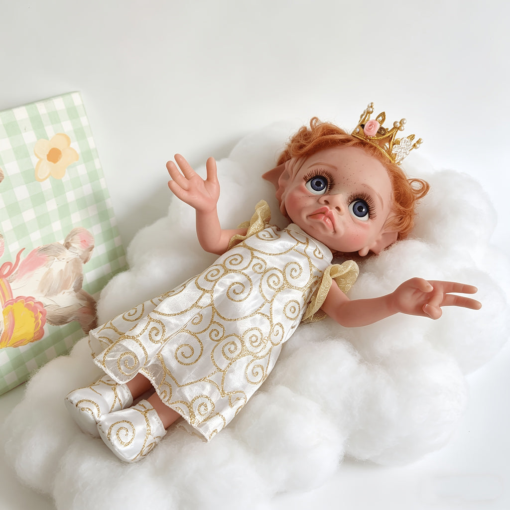 Fairy Elf Reborn Doll 15 Inch Fully Hand Painted Soft Vinyl – Poseable Bathable Rooted Hair Collectible Art Doll with Crown Halloween Christmas Easter Birthday Gift