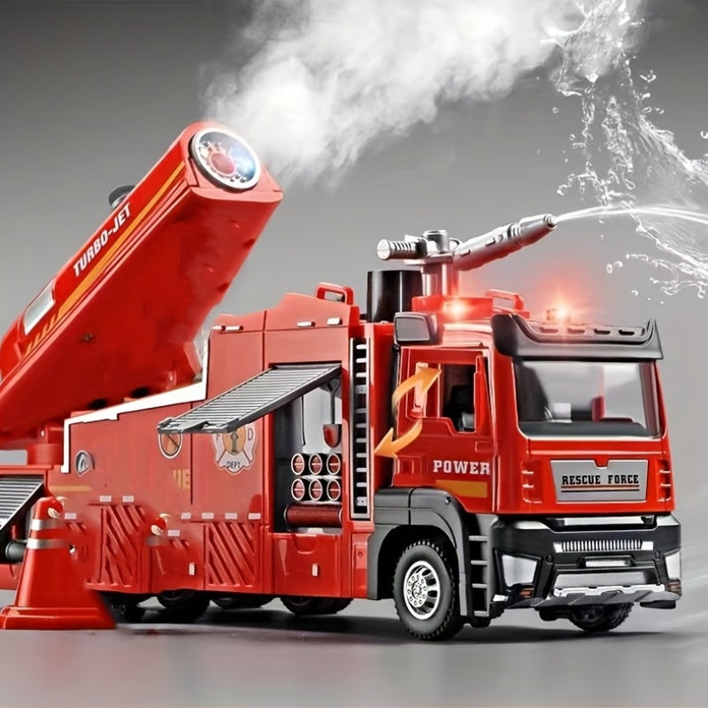 Die-Cast Fire Truck Toy with Water Mist Spray Lights Sounds Pull Back Zinc Alloy Fire Rescue Vehicle for Kids Boys Girls Ages 3+