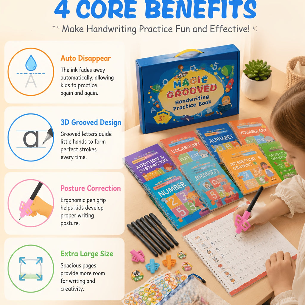 Reusable Magic Grooved Handwriting Workbook Set for Kids Ages 3-8 – 7-in-1 Writing Practice Books with Letters, Numbers, Math & Drawing, 500+ Rewrites, Preschool Learning Gift
