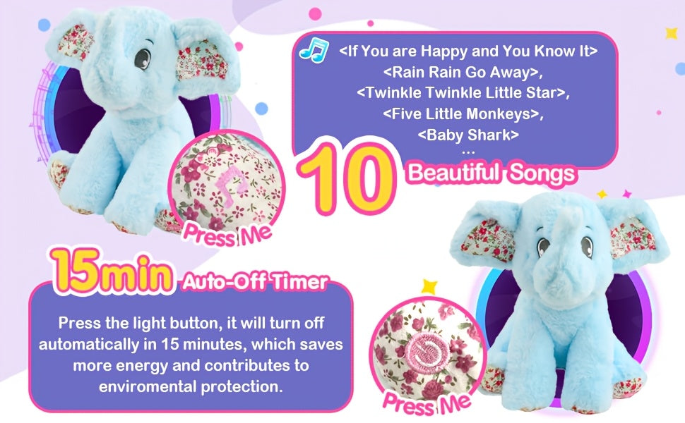 Musical Glowing Elephant Plush Toy with LED Light & Lullabies, Soft Stuffed Animal Nightlight Companion for Baby Toddler, Birthday Easter Gift for Kids