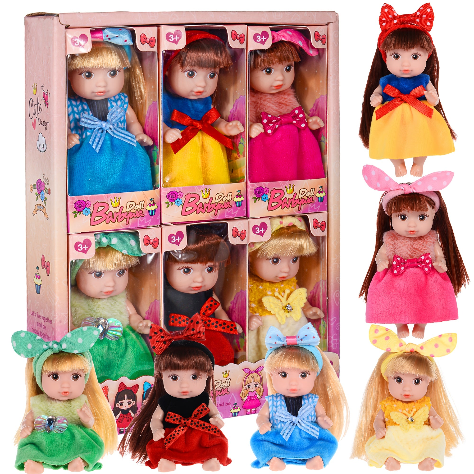 Mini Fashion Doll Set 6 Pack – 4 Inch Dolls with Stylable Hair Rotatable Limbs & Cute Outfits, Gift-Ready Box, Kids Party Favor Birthday Christmas Gift