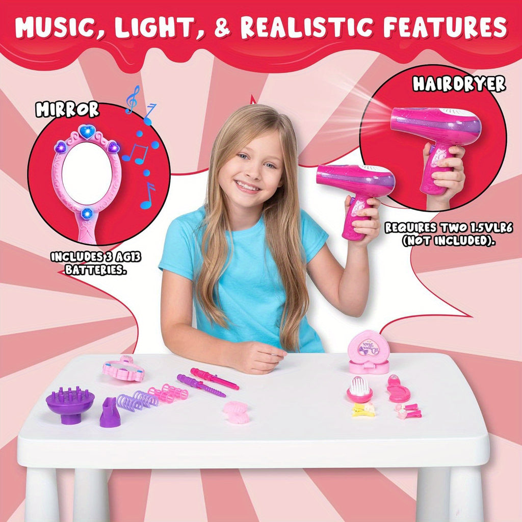 Girls Beauty Salon Set 17pcs Pretend Play Hair Stylist Toy Kit with Hairdryer Mirror Curling Iron Kids Ages 3+ Birthday Christmas Gift