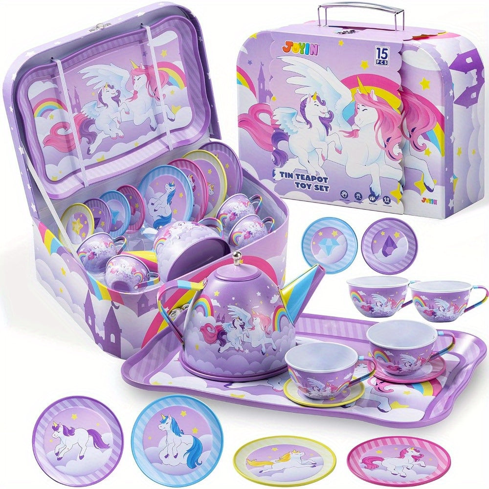 Unicorn Tea Party Set for Girls, Purple Tin Teapot Cups & Plates Pretend Play Kitchen Toy, Birthday Easter Gift for Toddlers Girls Ages 3+