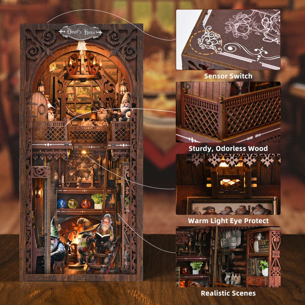 ASLOWSNAIL 3D Wooden Book Nook Kit - Dwarf House Miniature DIY Bookshelf Insert, Intricate Dark Wood Adult Puzzle & Shelf Decor, Unique Birthday 4th of July Gift for Teens Adults Ages 14+