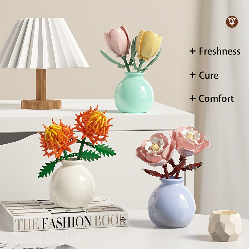 Flower Bouquet Mini Building Blocks 120pcs DIY Set - Eternal Green Plant Desk Decoration, Stress Relief Creative Toy, Easter Birthday Gift for Kids