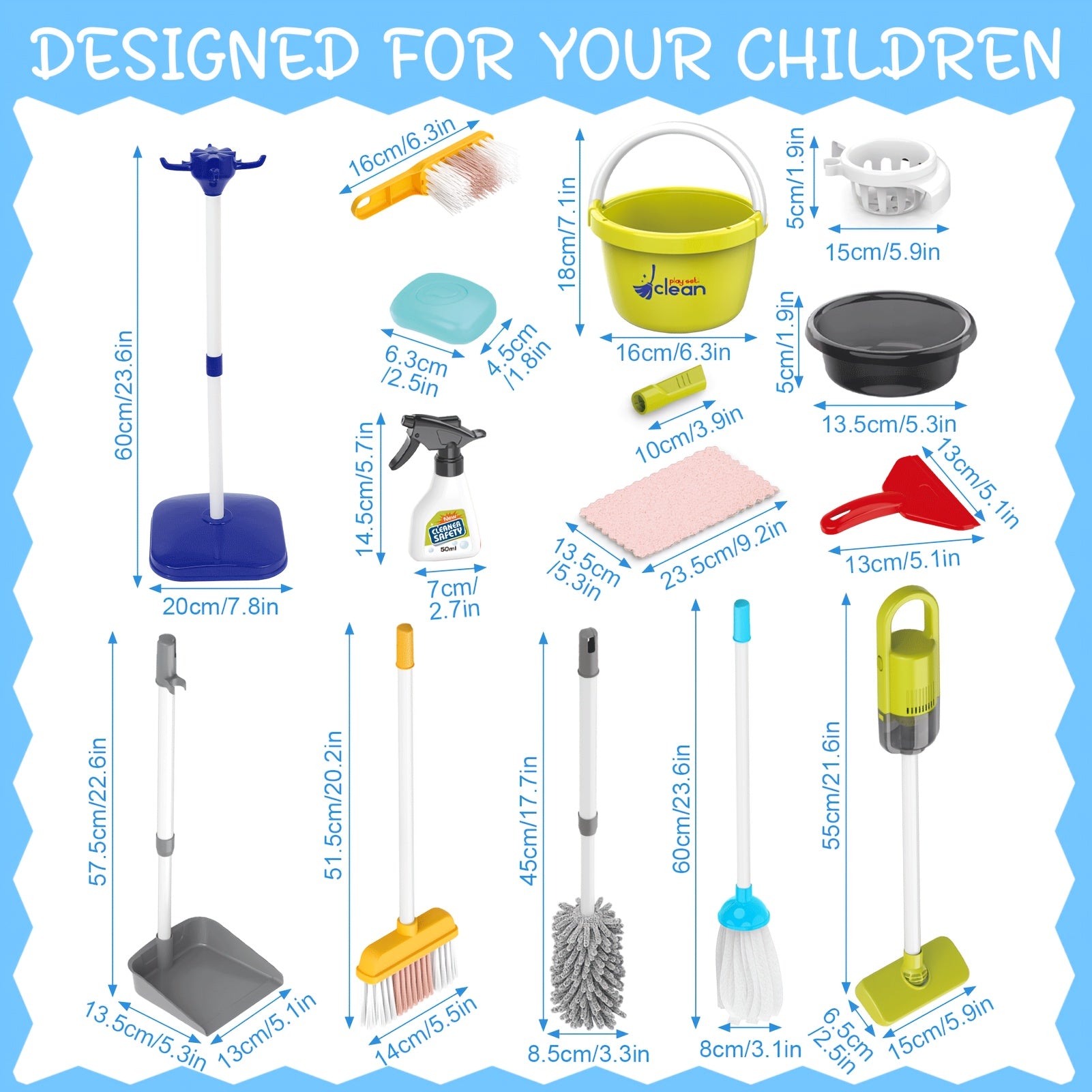 Kids Pretend Play Cleaning Toy Set with Electric Vacuum Cleaner Broom Dustpan Mop & Duster – Home Cleaning Playset for Toddlers Boys & Girls Birthday Gift