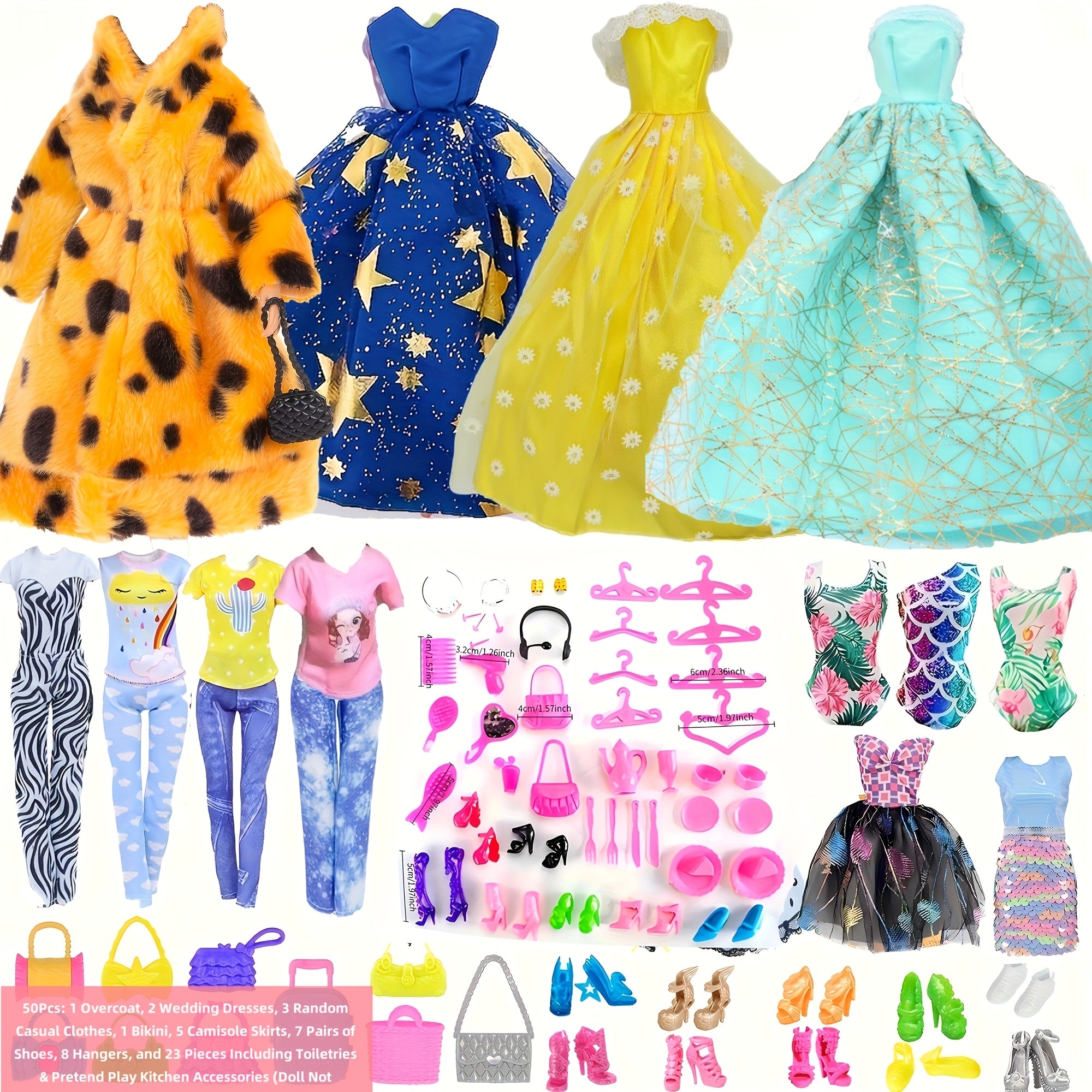 Fashion Doll Clothes Set 50pcs for 11.5 Inch Dolls – Fur Coat Princess Dresses Slip Dress Bikini Outfits No Doll Random Colors Gift for Girls Birthday Christmas