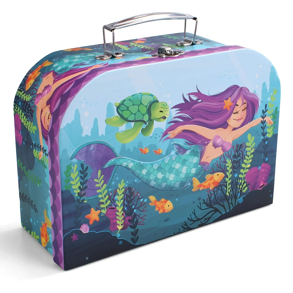 Mermaid Tea Party Set for Girls 14-Piece Tin Teapot Cups Plates Carrying Case Princess Pretend Play Kitchen Toy Kids Age 3+ Christmas Birthday Gift