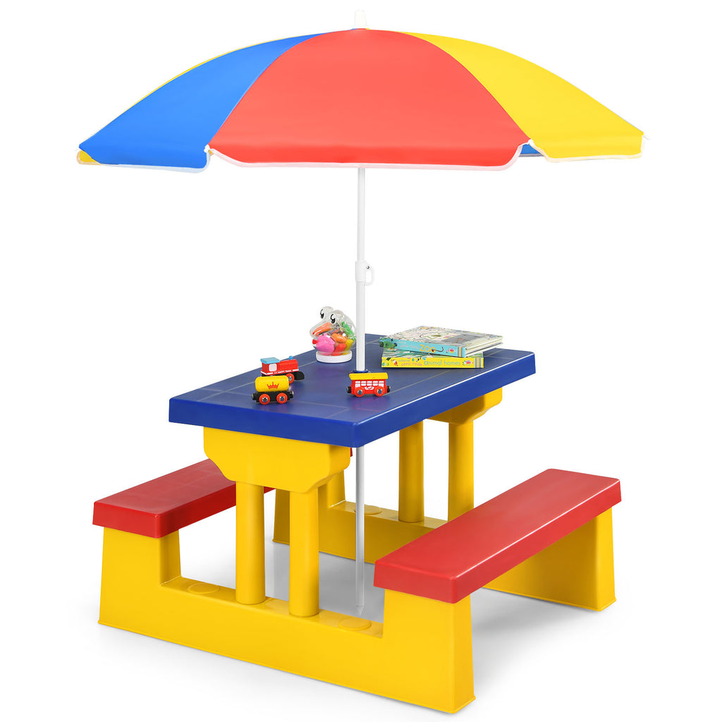 Kids Picnic Table Set with Removable Umbrella Outdoor Indoor 4-Seat Rainbow Colorful PP Toddler Garden Patio Furniture Birthday Gift