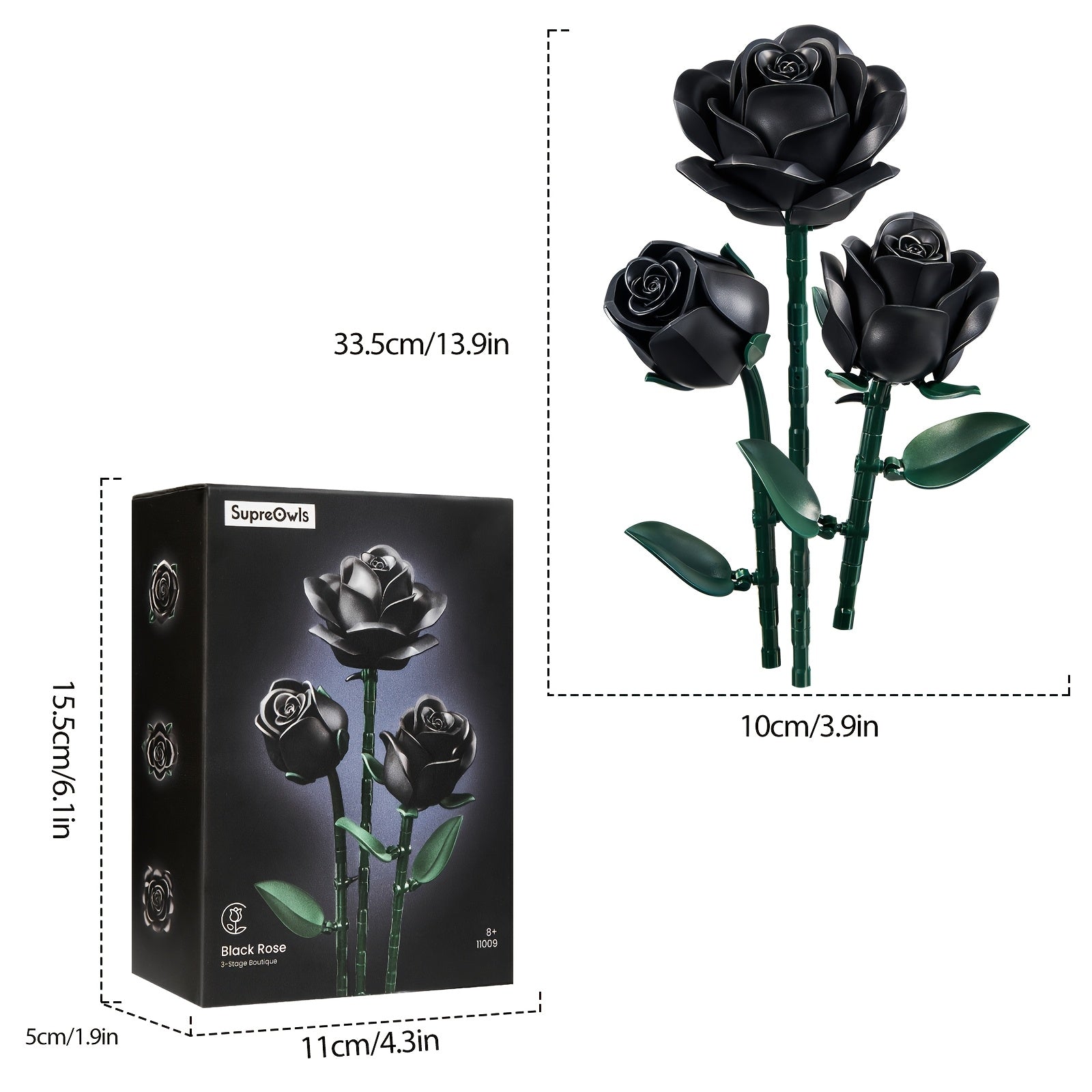 Gothic Black Rose Building Block Set 152pcs – 3 Artificial Flower Bouquet Bricks Art Piece, Unique Party Gift & Home Decor for Rose Lovers