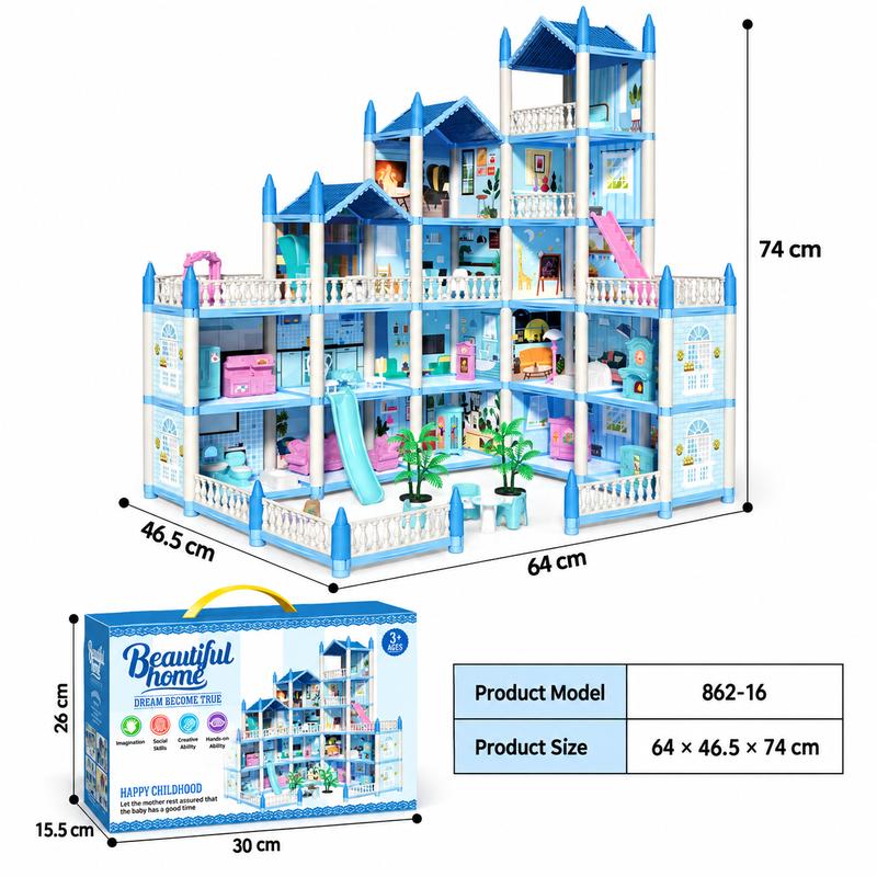 Dollhouse with Lights by CUTE STONE, 14 or 16 Room Princess Playhouse with Furniture and Accessories, Pink or Blue Pretend Play Gift for Kids Ages 3+