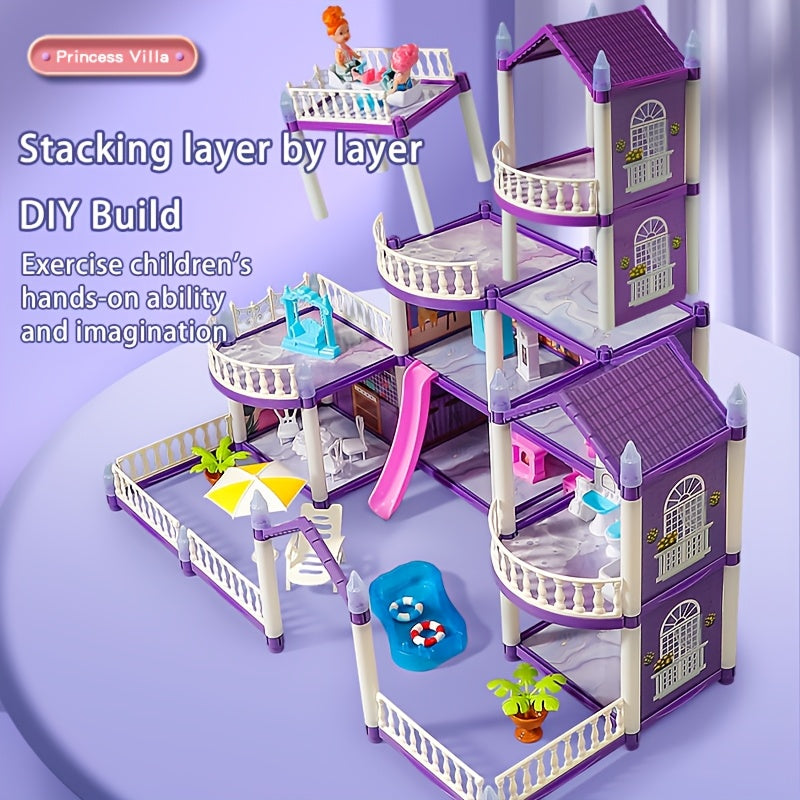 Dollhouse for Girls Ages 3-10 with Doll Figures Puppies Furniture Accessories LED Light - 6 to 16 Room Purple Playhouse, Imaginative Pretend Play Toy, Birthday Christmas Easter Gift for Girls