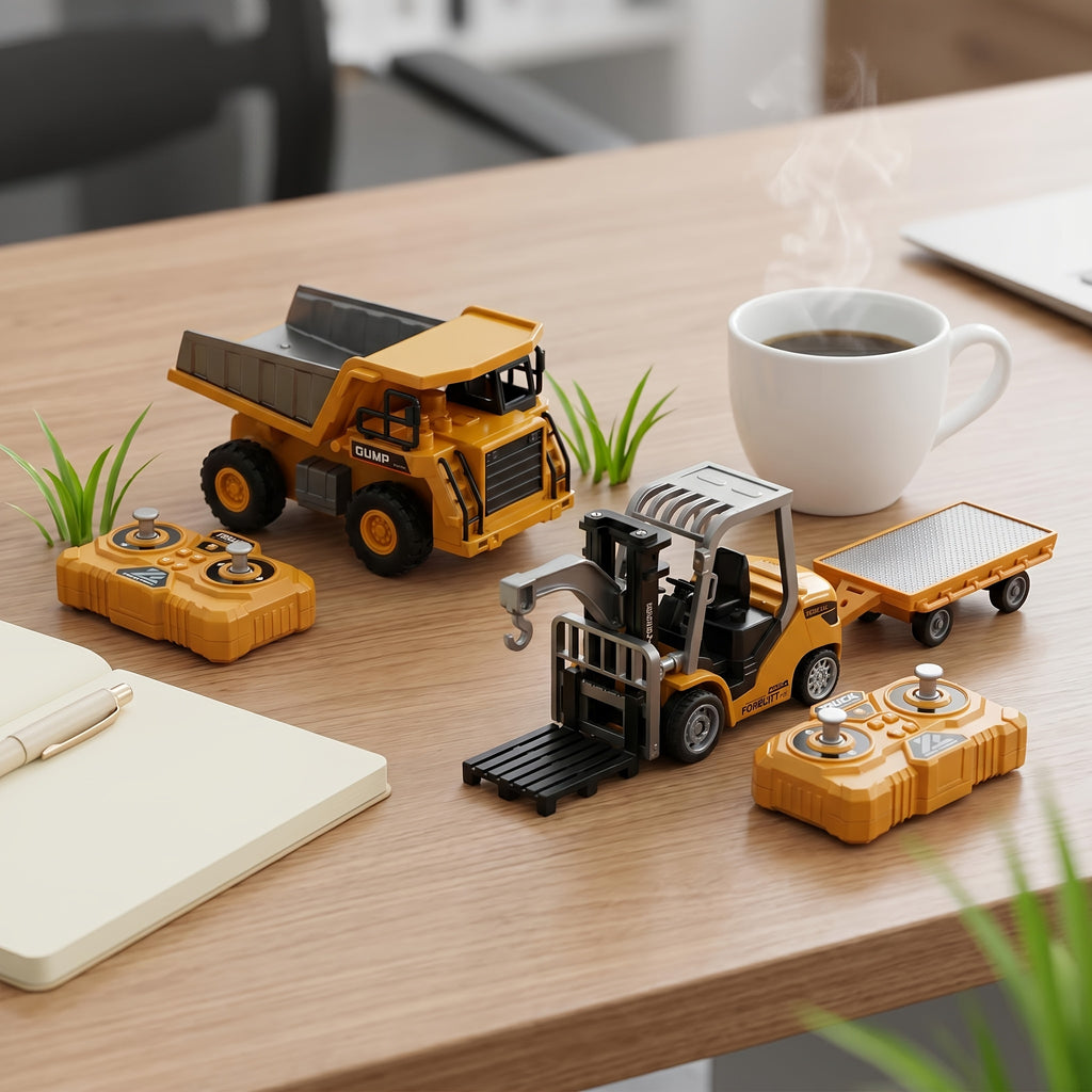 1:64 RC Construction Vehicle Set – 9-Channel Alloy Dump Truck, Forklift & Excavator with 2.4GHz Remote, Diecast Metal Body Mini Desk Toys