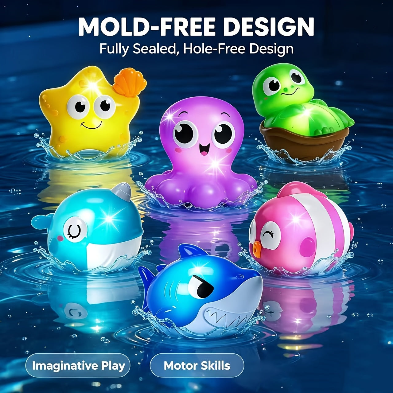 Light-Up Sea Animal Bath Toys 8 or 10 Pcs – Glowing Ocean Animal Bathtub Toys for Baby & Toddlers, Water Pool Toys for Boys & Girls, Random Colors, Fun Kids Gift