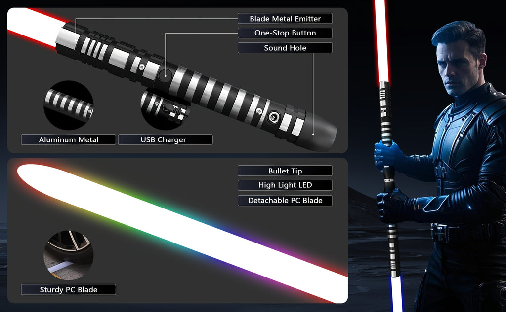 78 Inch Dueling Saber 2-in-1 Light Up Sword 16 Color Lights 3 Movie Sound Effects Mute Double Player Halloween Cosplay Birthday Party Gift