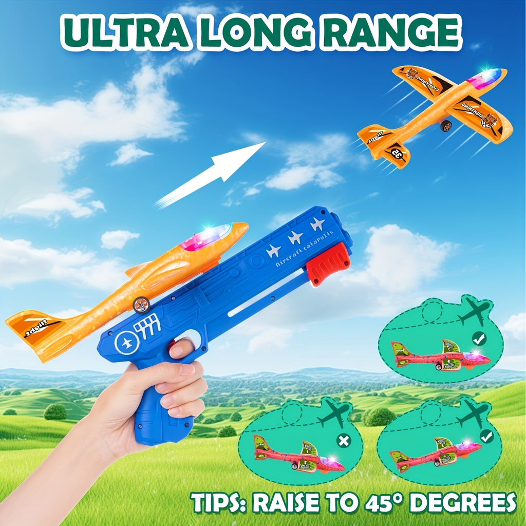 Airplane Launcher Toy 3 Planes 1 Shot – 2 Flight Modes Outdoor Flying Game with Customizable Stickers for Kids Ages 3-12 Birthday Christmas Gift
